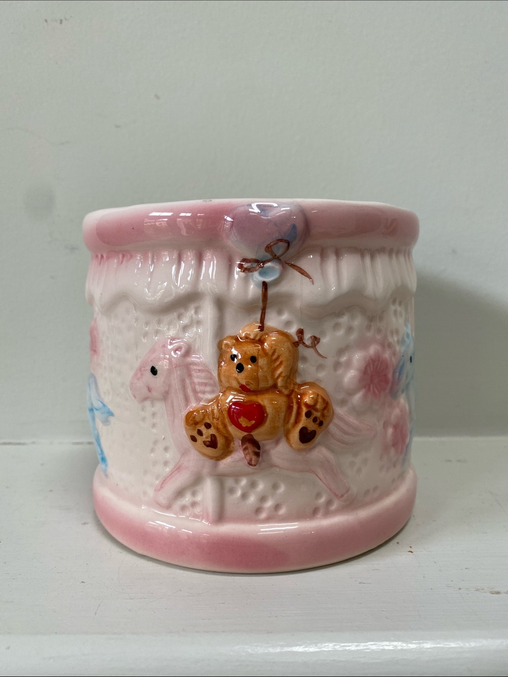 Vintage Porcelain Pink Ceramic Carousel Bear Flower Pot Trinket Holder